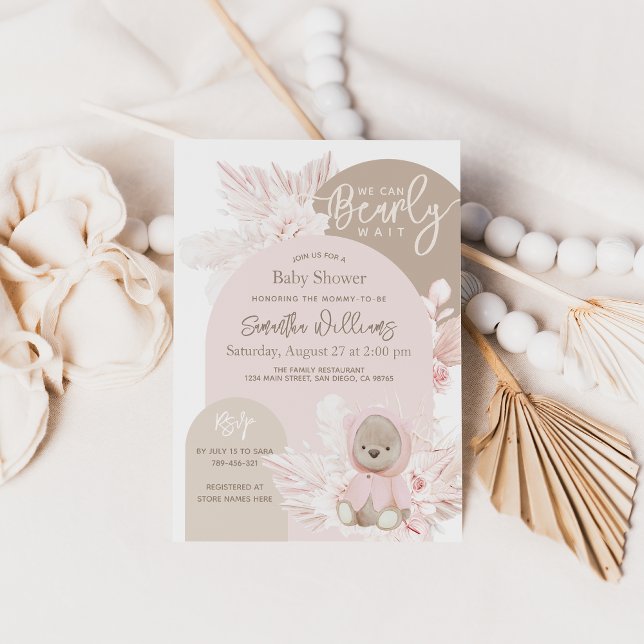 Teddy Bear Modern Boho Girl Baby Shower Invitation (Creator Uploaded)