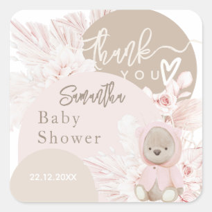 Teddy Bear Modern Boho Girl Baby Shower Thanks Square Sticker