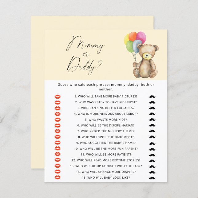 Teddy Bear - mommy or daddy baby shower game (Front/Back)