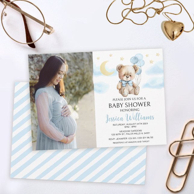 Teddy bear moon and stars baby shower photo invitation (Creator Uploaded)