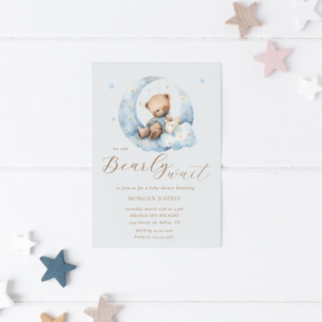 Teddy Bear Moon Bearly Wait Baby Shower Invitation (Creator Uploaded)