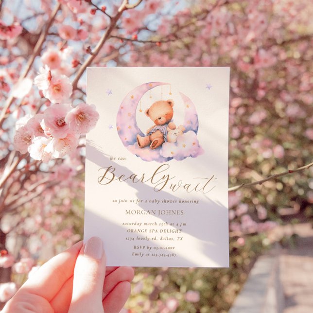 Teddy Bear Moon Bearly Wait Baby Shower Invitation (Creator Uploaded)