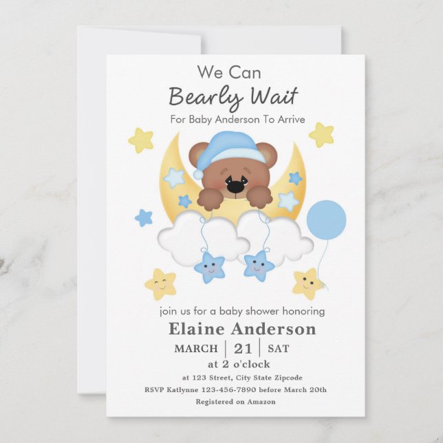 Teddy Bear Moon Clouds Stars Baby Boy Shower Invitation (Front)
