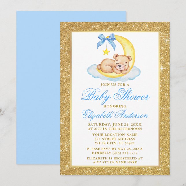 Teddy Bear Moon Gold Glitter Baby Shower Blue Invitation (Front/Back)