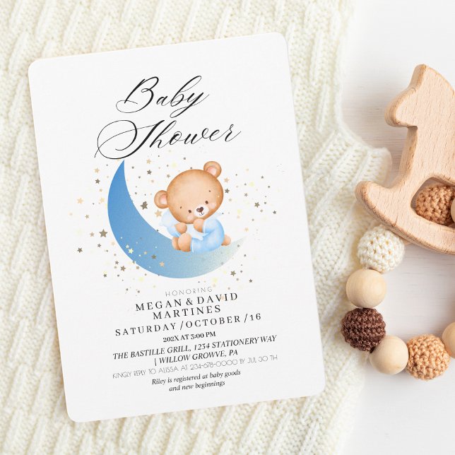 Teddy bear moon gold stars  Baby Shower  Invitation (Creator Uploaded)