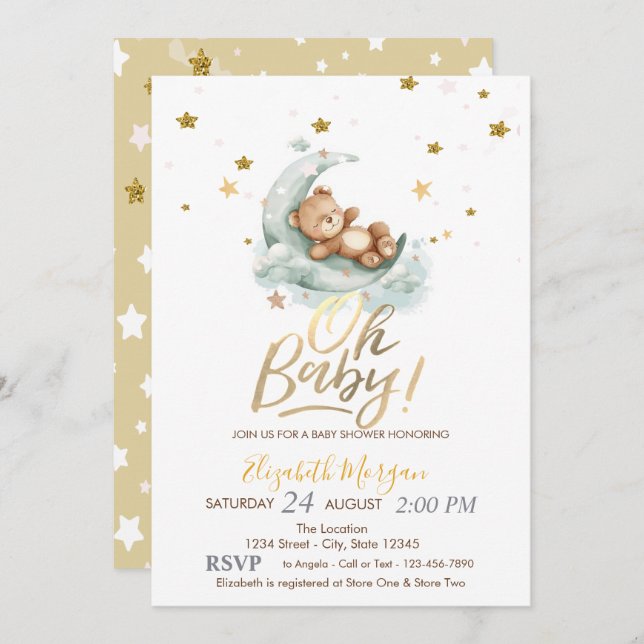 Teddy Bear Moon Stars Baby Shower Invitation (Front/Back)
