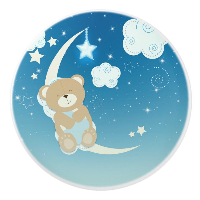 Teddy Bear Moon & Stars Cute Celestial Nursery Ceramic Knob (Front)