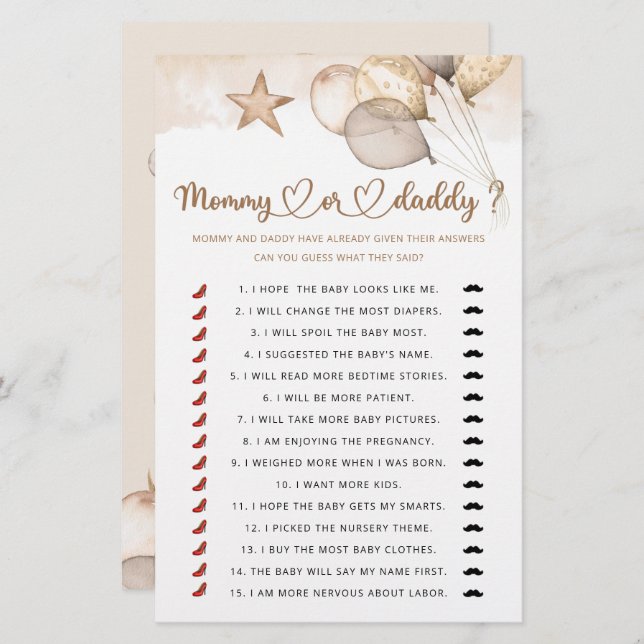 Teddy bear mummy or daddy baby shower game (Front/Back)