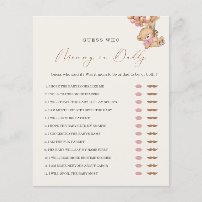 Teddy Bear Mummy or Daddy Baby Shower Game (Front)