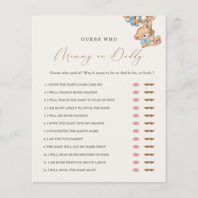 Teddy Bear Mummy or Daddy Baby Shower Game (Front)