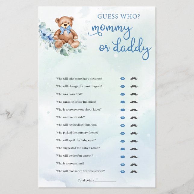 Teddy Bear Mummy or Daddy Boy Baby Shower Game (Front)