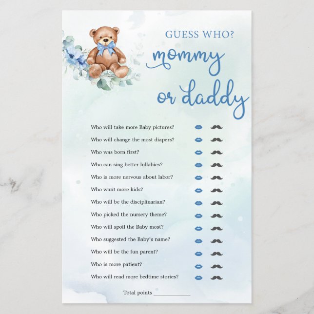 Teddy Bear Mummy or Daddy Boy Baby Shower Game (Front)