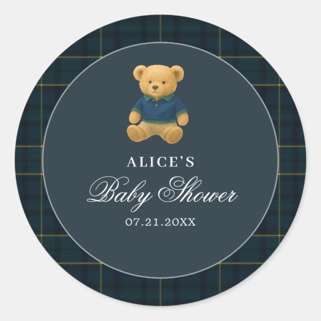 Teddy Bear Navy Blue Baby Shower Classic Round Sticker (Front)