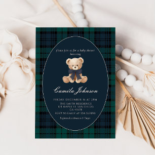 Teddy Bear Navy Plaid Baby Shower Invitation