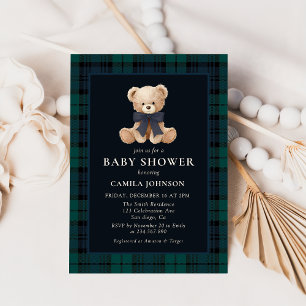 Teddy Bear Navy Plaid Baby Shower Invitation
