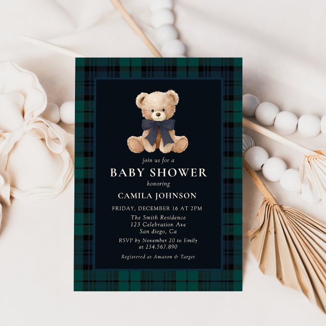 Teddy Bear Navy Plaid Baby Shower Invitation (Creator Uploaded)