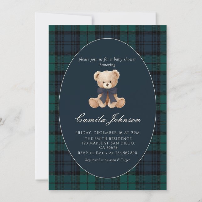 Teddy Bear Navy Plaid Baby Shower Invitation (Front)