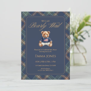Teddy Bear Navy Tartan Plaid Classic Baby Shower Invitation