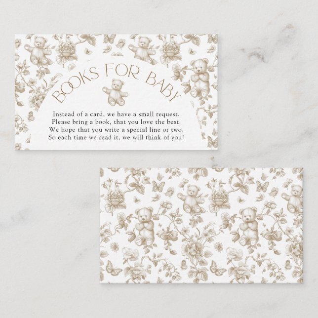 Teddy Bear Neutral Toile Books for Baby Shower Enclosure Card (Front/Back)