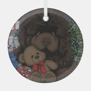 Teddy bear Newfoundland puppy dog Glass Tree Decoration