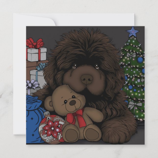 Teddy bear Newfoundland puppy dog Holiday Card (Front)