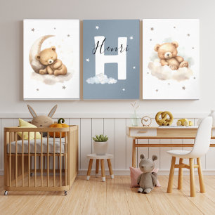 Teddy Bear Nursery Wall Art Set Moon & Cloud Baby