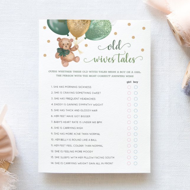 Teddy Bear Old Wives Tales Gender Reveal Baby Card (Creator Uploaded)
