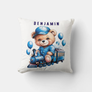 Teddy Bear On a Blue Train Boy Baby Shower Gift Cushion