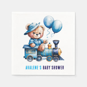 Teddy Bear On a Blue Train Boy Baby Shower Napkin