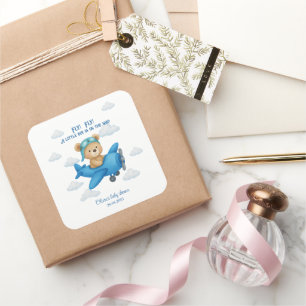 Teddy Bear on Aeroplane Baby Shower Sticker