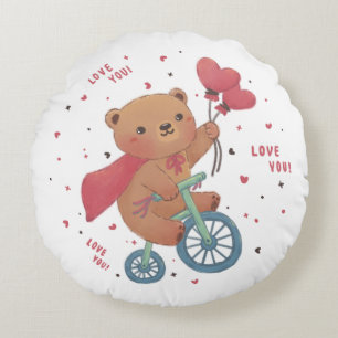 Teddy Bear on Bike: Love You! Round Cushion