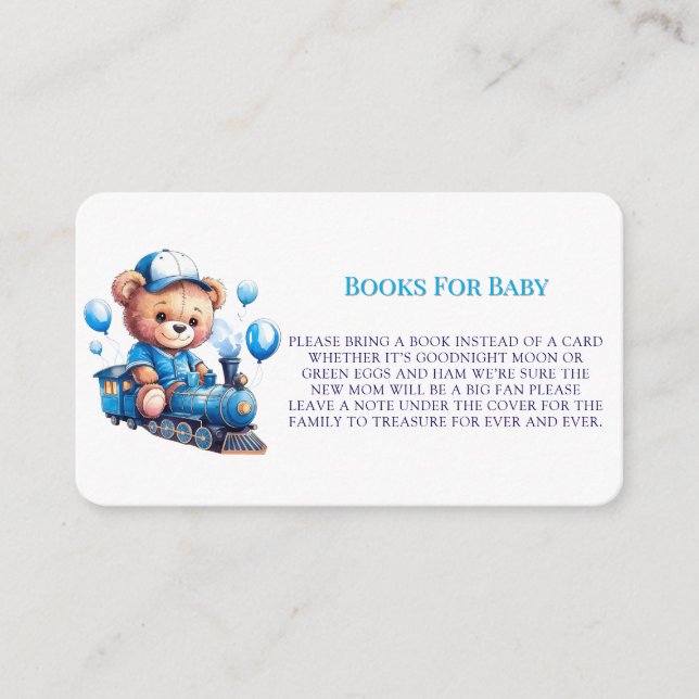 Teddy Bear On Blue Train Boy Books For Baby Enclosure Card (Front)