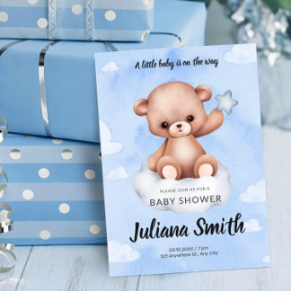 Teddy Bear on Cloud Watercolor Blue Baby Shower Invitation