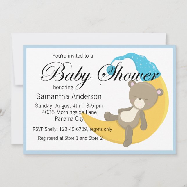 Teddy Bear on Crescent Moon Baby Shower Invitation (Front)