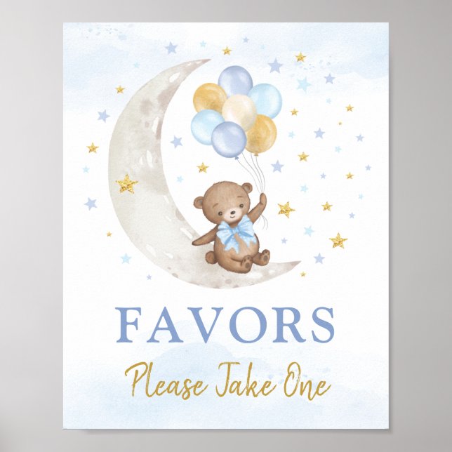 Teddy Bear on Moon Blue Gold Balloons Favours Sign (Front)