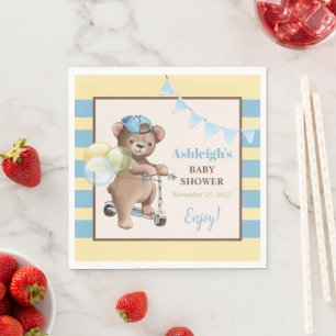 Teddy Bear on Scooter, Striped Baby Shower Napkin