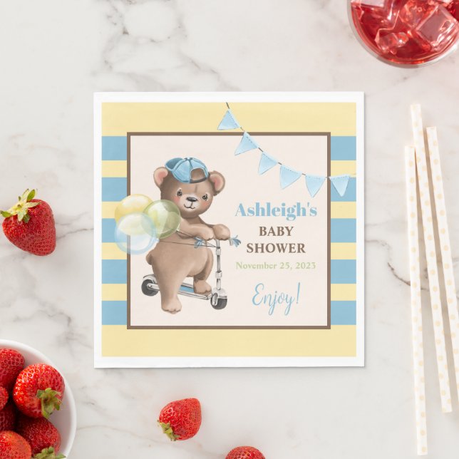 Teddy Bear on Scooter, Striped Baby Shower Napkin (Insitu)
