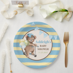 Teddy Bear on Scooter, Striped Baby Shower Paper Plate