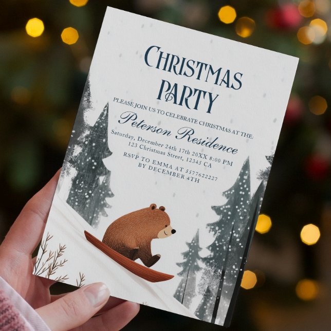 Teddy Bear On Snow Sled Christmas Party Invitation (Creator Uploaded)