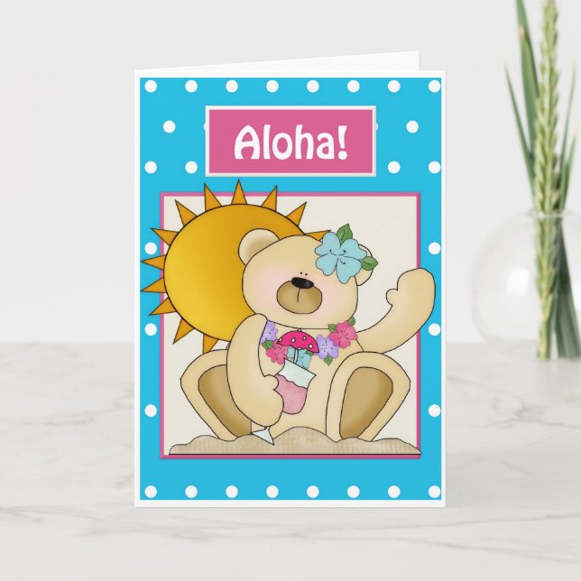 Teddy Bear on the Beach Aloha Greeting Card (Front)