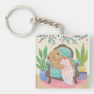 Teddy Bear on Vintage Armchair Illustration Key Ring