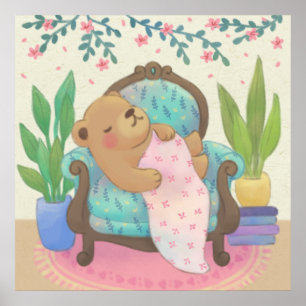 Teddy Bear on Vintage Armchair Illustration Poster