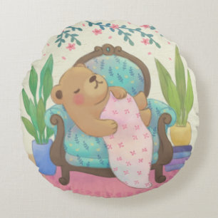 Teddy Bear on Vintage Armchair Illustration Round Cushion