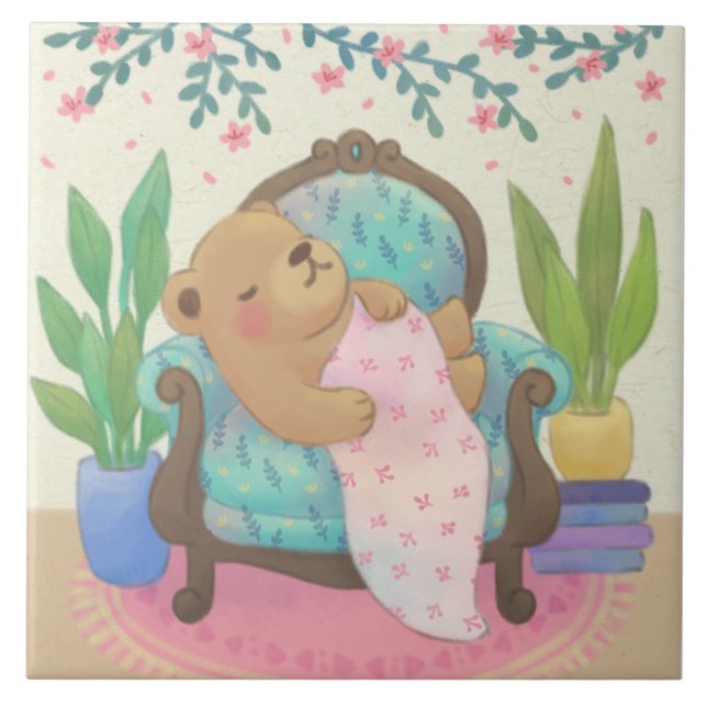 Teddy Bear on Vintage Armchair Illustration Tile (Front)