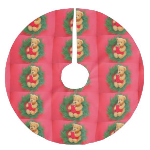 Teddy bear on wreath with stocking brushed polyester tree skirt