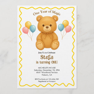 Teddy Bear One Year of Magic First Birthday  Invitation