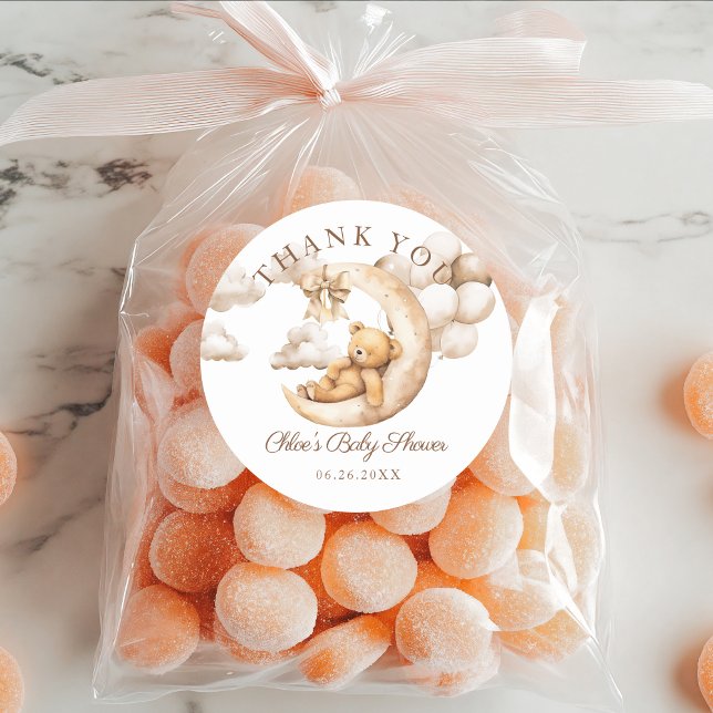 Teddy Bear Over the Moon Baby Shower Neutral Favou Classic Round Sticker (Teddy Bear Over the Moon Baby Shower Neutral Classic Round Sticker)