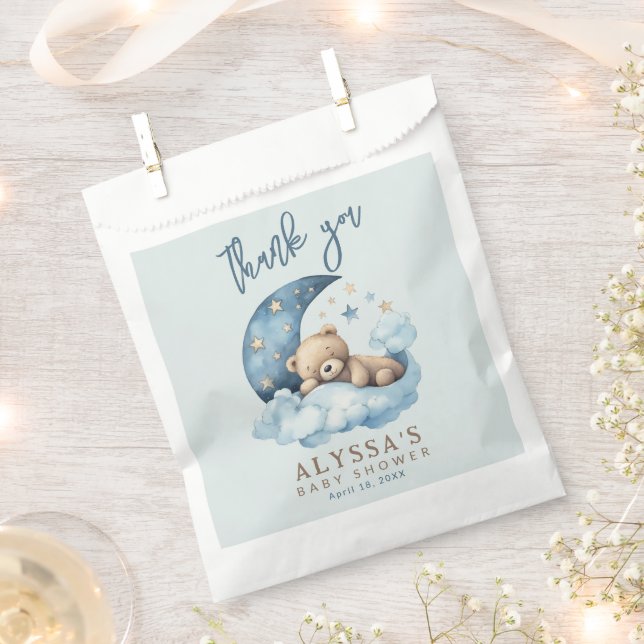 Teddy Bear Over the Moon Blue Baby Shower Favour Bags (Clipped)