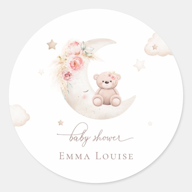 Teddy Bear Over The Moon Neutral Baby Shower  Classic Round Sticker (Front)