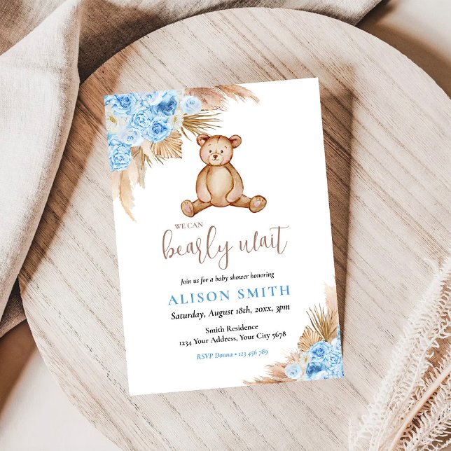 Teddy Bear Pampas Grass Bearly Wait Baby Shower Invitation (Creator Uploaded)